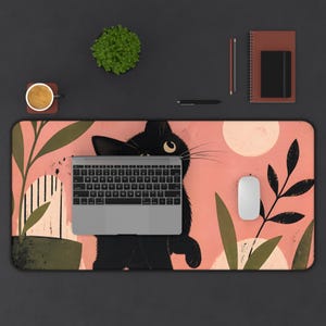 Black Kitten Illustration Desk Mat | Floral Moon Cat Mousepad image 6