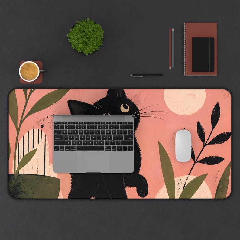 Black Kitten Illustration Desk Mat | Floral Moon Cat Mousepad image 6