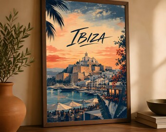 Ibiza Travel Poster, Spanish Island Wall Art, Mediterranean Sunset Decor