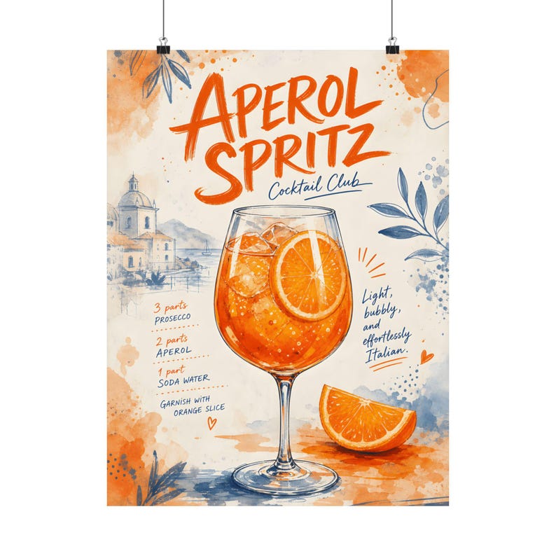 Aperol Spritz väggkonst, italiensk cocktailrecepttryck, köksbarvagnsdekor bild 2