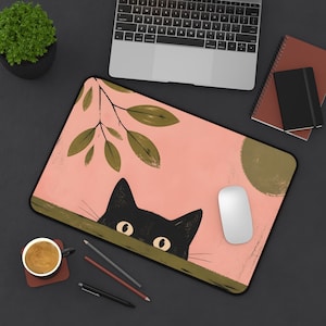 Tappetino da scrivania con gatto nero che sbircia / Tappetino per mouse con motivo botanico rosa immagine 1