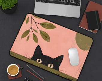 Tapete de mesa com gato preto espiando | Mousepad botânico rosa