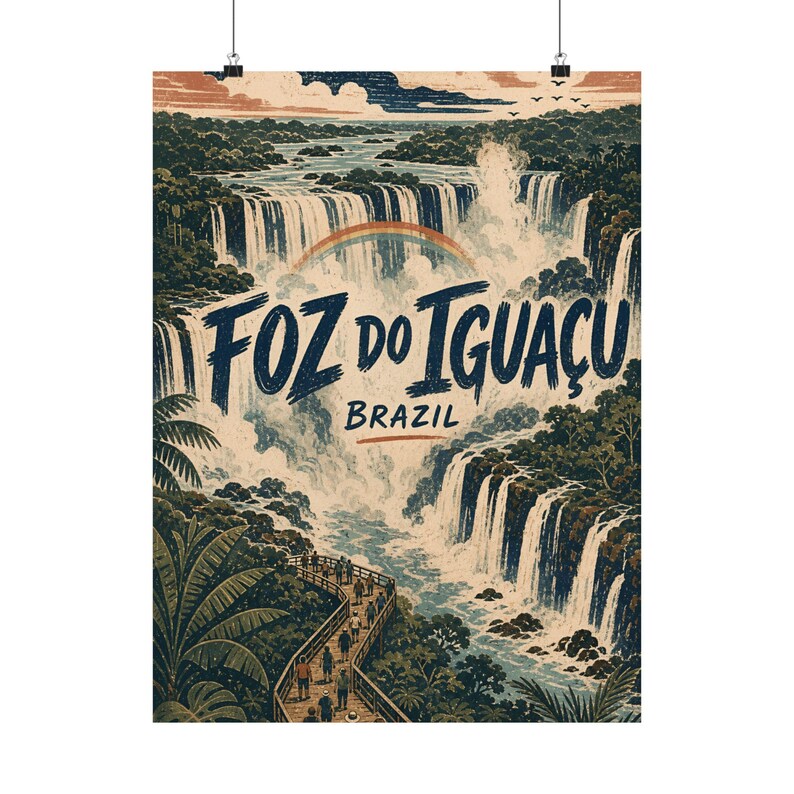 Foz do Iguaçu Poster, Vintage Brazil Travel Art, Waterfall Wall Decor image 3