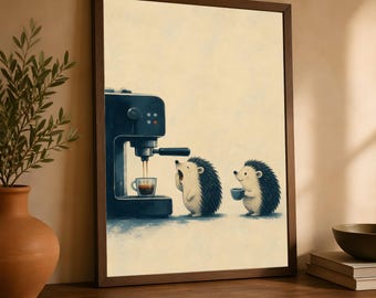 Wandbild mit Igel-Kaffee-Motiv, verspieltes Espressomaschinen-Poster (matt)