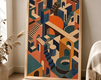 Abstract City Poster, Bauhaus Geometric Architecture Wall Art
