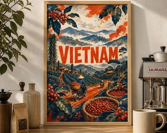 Vietnam Kaffee Farm Wandkunst, Vintage Reiseplakat, Mid Century Modern Kunstdruck