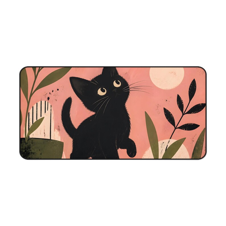 Black Kitten Illustration Desk Mat | Floral Moon Cat Mousepad image 4