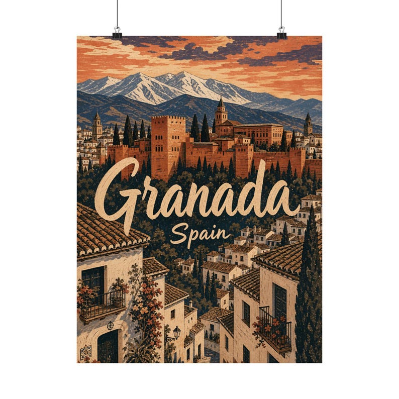 Granada-Reiseposter, Vintage-Wandkunst aus Spanien, Dekoration des Alhambra-Palastes Bild 11