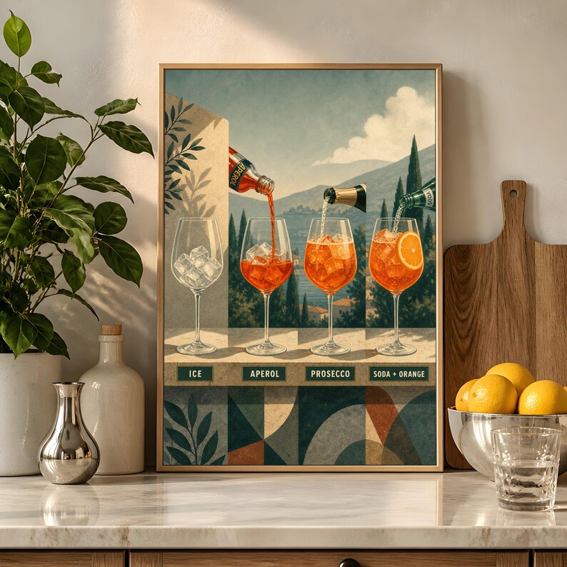 K&ouml;nnte beinhalten: Ein gerahmter Wandkunstdruck, der vier Weingl&auml;ser auf einem Steinsims vor einer Landschaftskulisse zeigt. Die Gl&auml;ser illustrieren die Zubereitung eines Cocktails mit den Beschriftungen ICE, APEROL, PROSECCO und SODA + ORANGE.