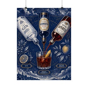 Negroni Cocktail Wall Art, Bar Cart Decor, Classic Drink Recipe Print image 2