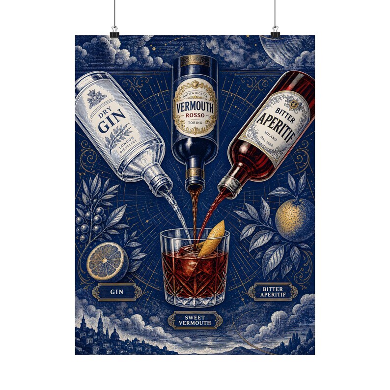 Negroni Cocktail Wall Art, Bar Cart Decor, Classic Drink Recipe Print image 2