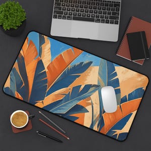 Tropical Banana Leaves Desk Mat | Blue Orange Botanical Mouse Pad image 1