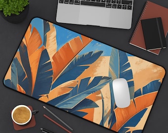 Tropical Banana Leaves Desk Mat | Blue Orange Botanical Mouse Pad