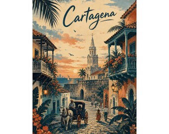 Cartagena Travel Poster, Colombian Coastal Wall Art, Vintage City Decor