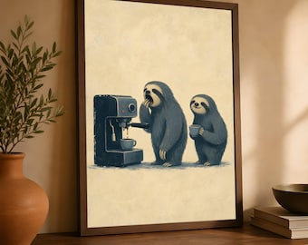 Sloth Coffee Wall Art, Retro Espresso Machine Animal Poster