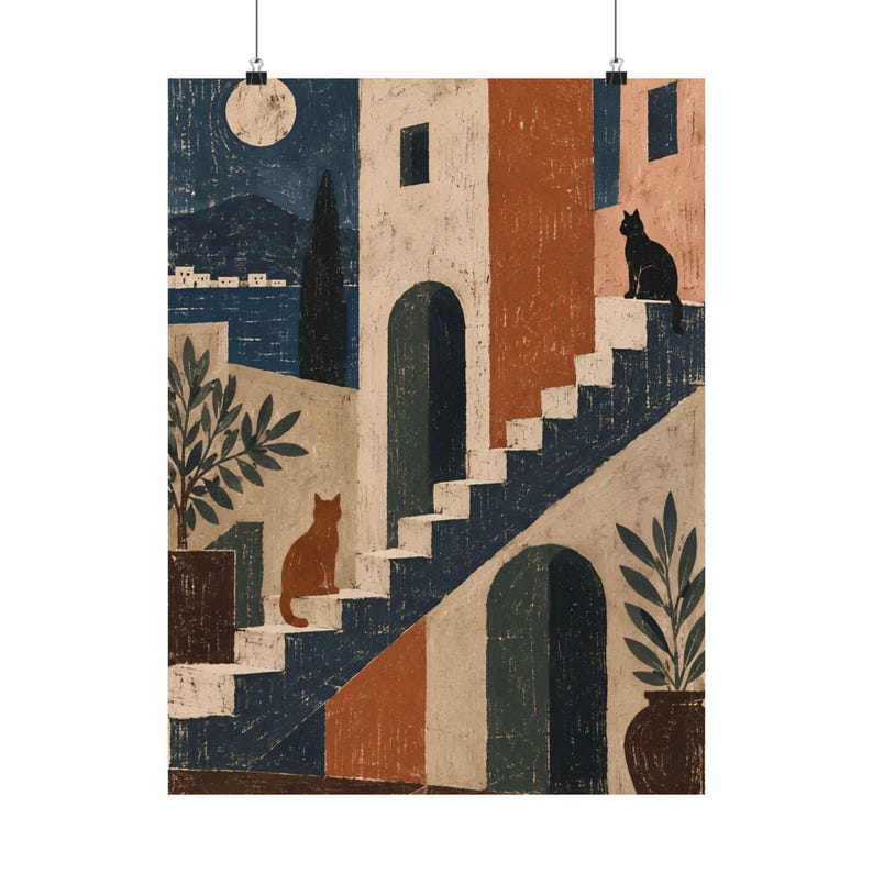 Cat Wall Art Poster, Mediterranean Architecture Print, Textured Folk Art Decor image 2