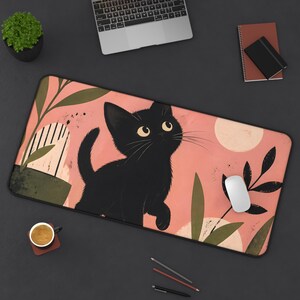 Black Kitten Illustration Desk Mat | Floral Moon Cat Mousepad image 7