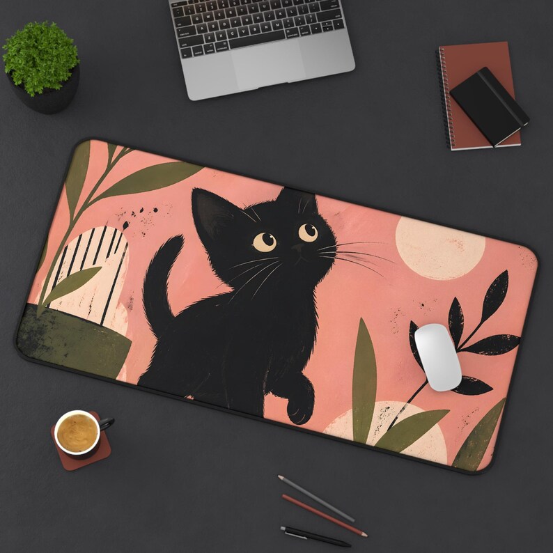 Black Kitten Illustration Desk Mat | Floral Moon Cat Mousepad image 7
