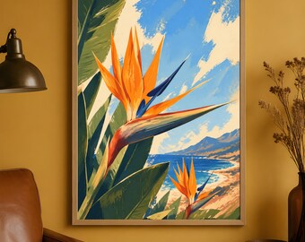 Bird of Paradise Poster, Tropical Coastal Wall Art, Botanical Beach Decor