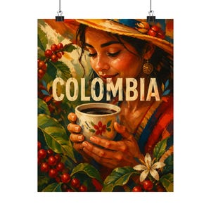 Lámina artística de café colombiano, póster de mujer con café, decoración de pared para cocina imagen 9