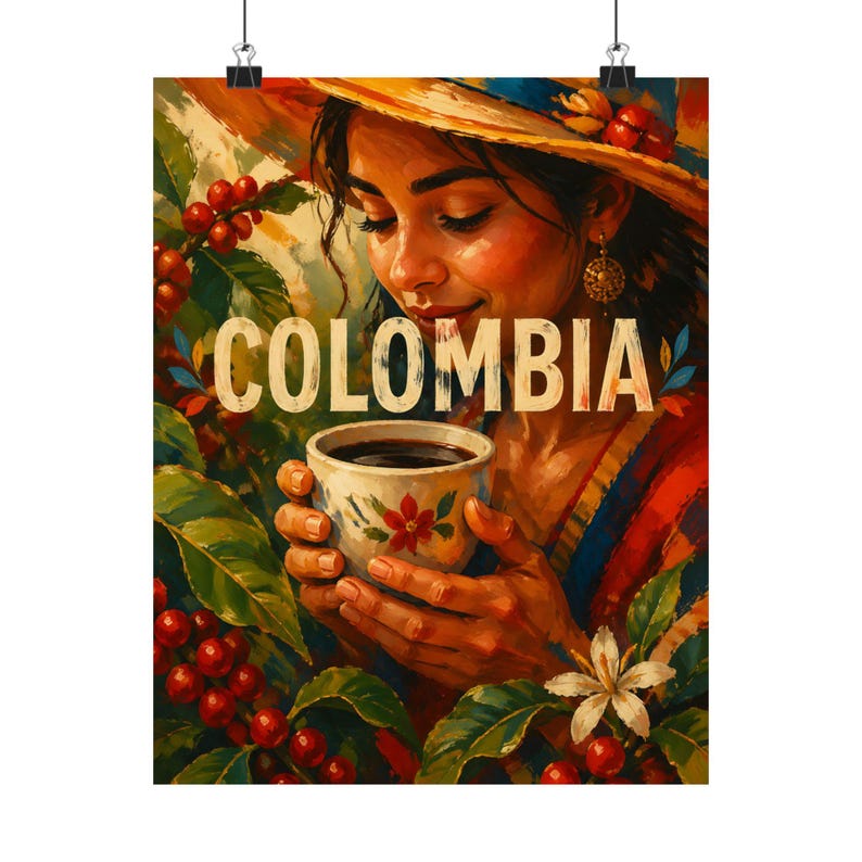 Lámina artística de café colombiano, póster de mujer con café, decoración de pared para cocina imagen 9