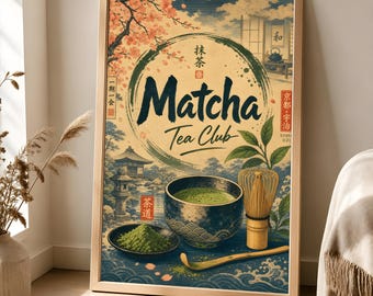 Matcha Tea Club Wall Art, Ukiyo-e Inspired Japanese Print, Green Healthy Life Poster