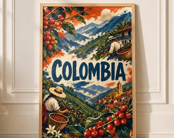 Colombia Coffee Farm Art Print, Vintage Style Travel Poster, South America Wall Decor