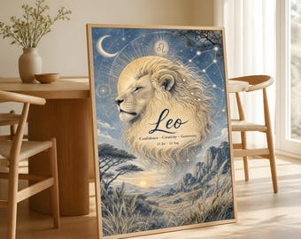 Leo Zodiac Poster, Celestial Lion Astrology Wall Art