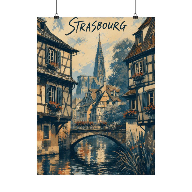 Strasbourg Travel Poster, Petite France Canal Art, Vintage French City Decor image 2