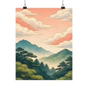 Mountain Landscape Wall Art, Vintage Japanese Sunset Poster, Pastel Sky Nature Decor image 3