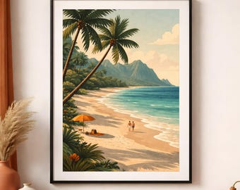 Tropical Beach Poster, Vintage Coastal Landscape Print, Palm Tree Sunset Decor
