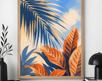 Póster de hojas tropicales, arte botánico para pared, decoración de hojas de palmera azules y naranjas