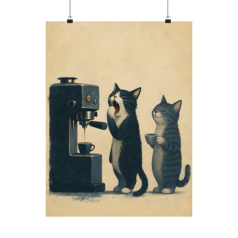 Cuadro decorativo de gato con café, póster de máquina de espresso original, decoración de cocina vintage. imagen 9