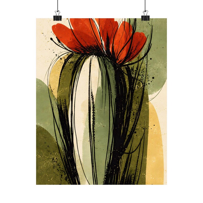 Arte mural de flores de amapola, póster botánico moderno, decoración floral abstracta en tinta. imagen 2
