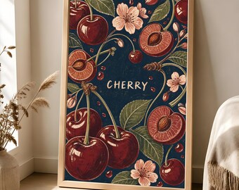 Cherry Matte Poster, Vintage Fruit Wall Art, Retro Kitchen Decor