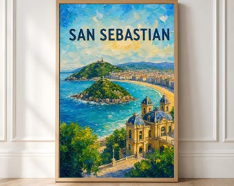 Quadro da parete di San Sebastian, poster di viaggio sulla Spagna, stampa opaca verde, poster sul mare blu