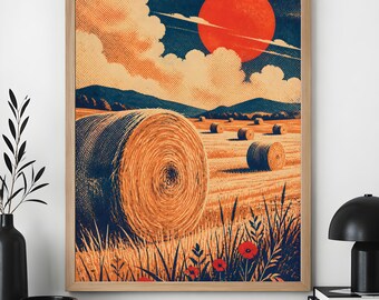 Quadro decorativo de campo de feno, decoração rústica de fazenda, arte de parede com pôr do sol no campo.