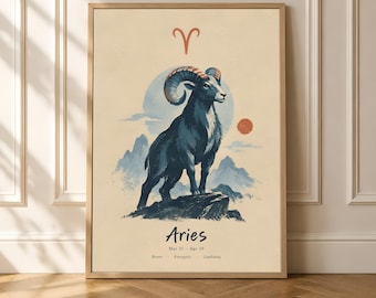 Póster del signo zodiacal Aries, arte mural de astrología vintage del carnero