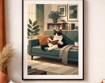 Pôster de gato lendo, ilustração aconchegante de biblioteca, decoração vintage para sala de estar.