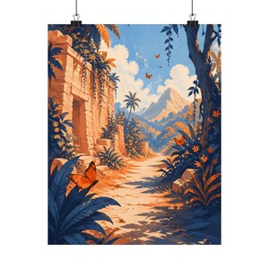 Tropical Ruins Poster, Jungle Landscape Wall Art, Butterfly Nature Decor image 2