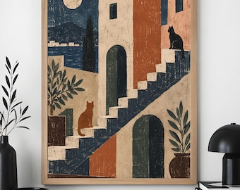 Wandposter mit Katzenmotiv, mediterraner Architekturdruck, strukturierte Volkskunst-Dekoration