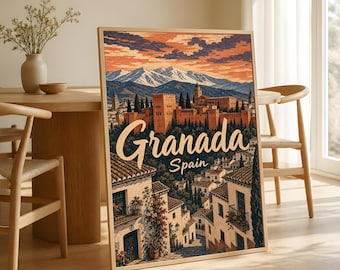 Granada Travel Poster, Vintage Spain Wall Art, Alhambra Palace Decor