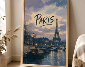 Paris Eiffel Tower Poster, Seine River Travel Art, French City Decor
