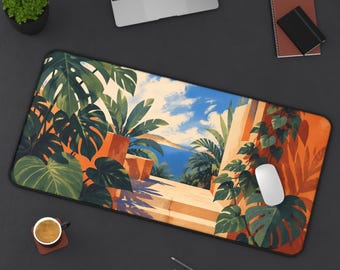 Tapete de mesa Monstera, Mouse pad tropical para escritório, espaço de trabalho costeiro mediterrâneo