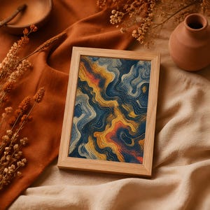 May include: A rectangular wooden frame containing an abstract print with flowing, wavy lines in shades of deep blue, golden yellow, and soft orange. The artwork features a topographic-like pattern with intricate, swirling textures throughout.