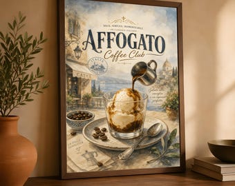 Wandbild „Affogato Coffee Club“, Dekoration für die italienische Café-Küche, Vintage-Getränkedruck