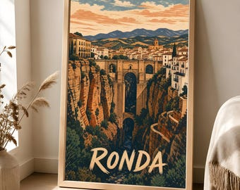 Ronda Matte Poster, Spanische Reisekunst, Linolschnitt Andalusien Dekor