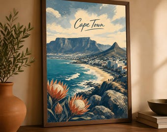 Cape Town Poster, Vintage South Africa Coastal Travel Art