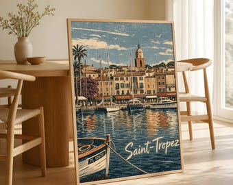 Plakat Saint Tropez, sztuka portu na Lazurowym Wybrzeżu, dekoracja z linorytu w stylu vintage