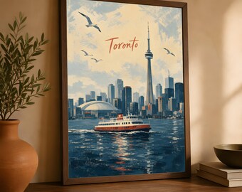 Toronto Skyline Poster, Vintage Canada Travel Art, CN Tower Wall Decor